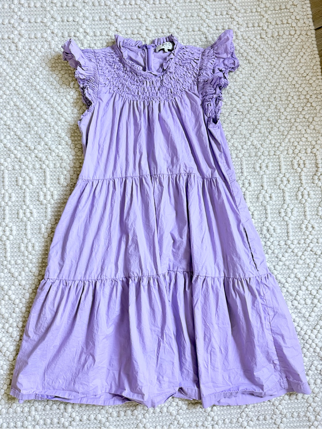 Sea New York Flutter Sleeve Tiered Babydoll Mini Dress Size Medium Purple Pocket — image 2 of 6